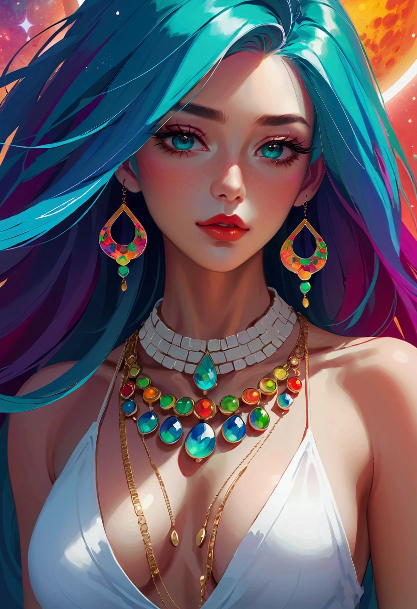 Close-up of a woman with rich and colorful hair and necklace, Anime girl with cosmic long hair, The soft vibrancy of Rossdraws, Gouwez (Guvez) Artwork of style, Fantasy art style, rich and colorful], Vibrant fantasy style, Rossdraws Vibrant cartoons, universe and rich and colorful, Gu Weiss, rich and colorful digital fantasy art, Stunning art style, Beautiful anime style, White skin, Hulk&#39;s Clothes