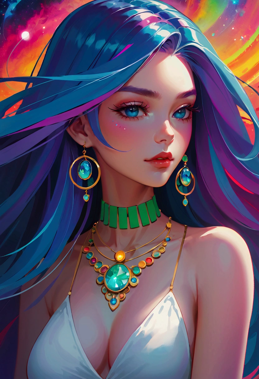 Close-up of a woman with rich and colorful hair and necklace, Anime girl with cosmic long hair, The soft vibrancy of Rossdraws, Gouwez (Guvez) Artwork of style, Fantasy art style, rich and colorful], Vibrant fantasy style, Rossdraws Vibrant cartoons, universe and rich and colorful, Gu Weiss, rich and colorful digital fantasy art, Stunning art style, Beautiful anime style, White skin, Hulk&#39;s Clothes