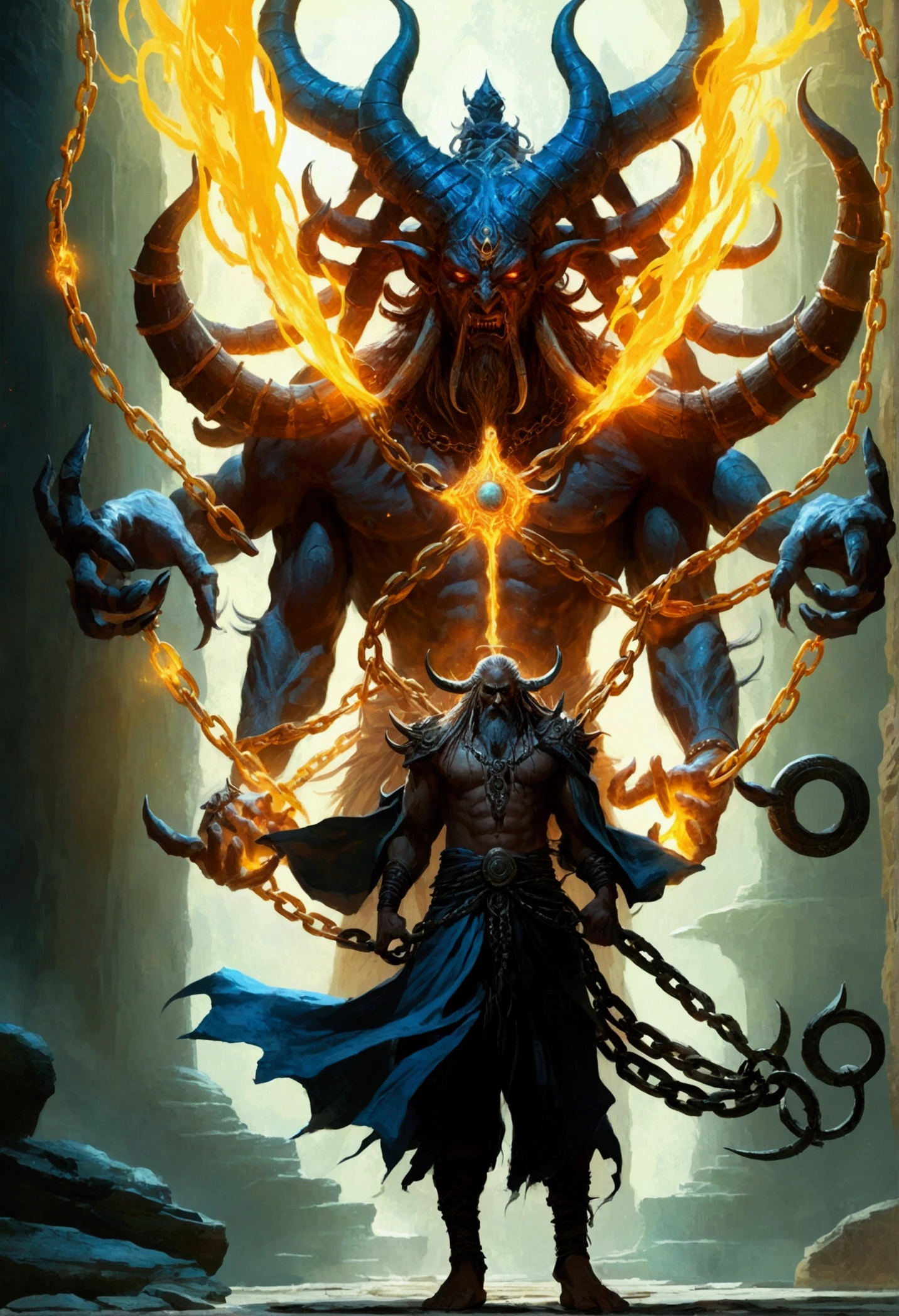 Elden Ring concept art by Zhuoxin Ye of a demon monster with 6 arms like Shiva from the ancient Mesopotamian underworld battling an old exorcist sorceror who fights with a flail with large stone glowing runes on each end of the flail attached to a chain is swirling above his head