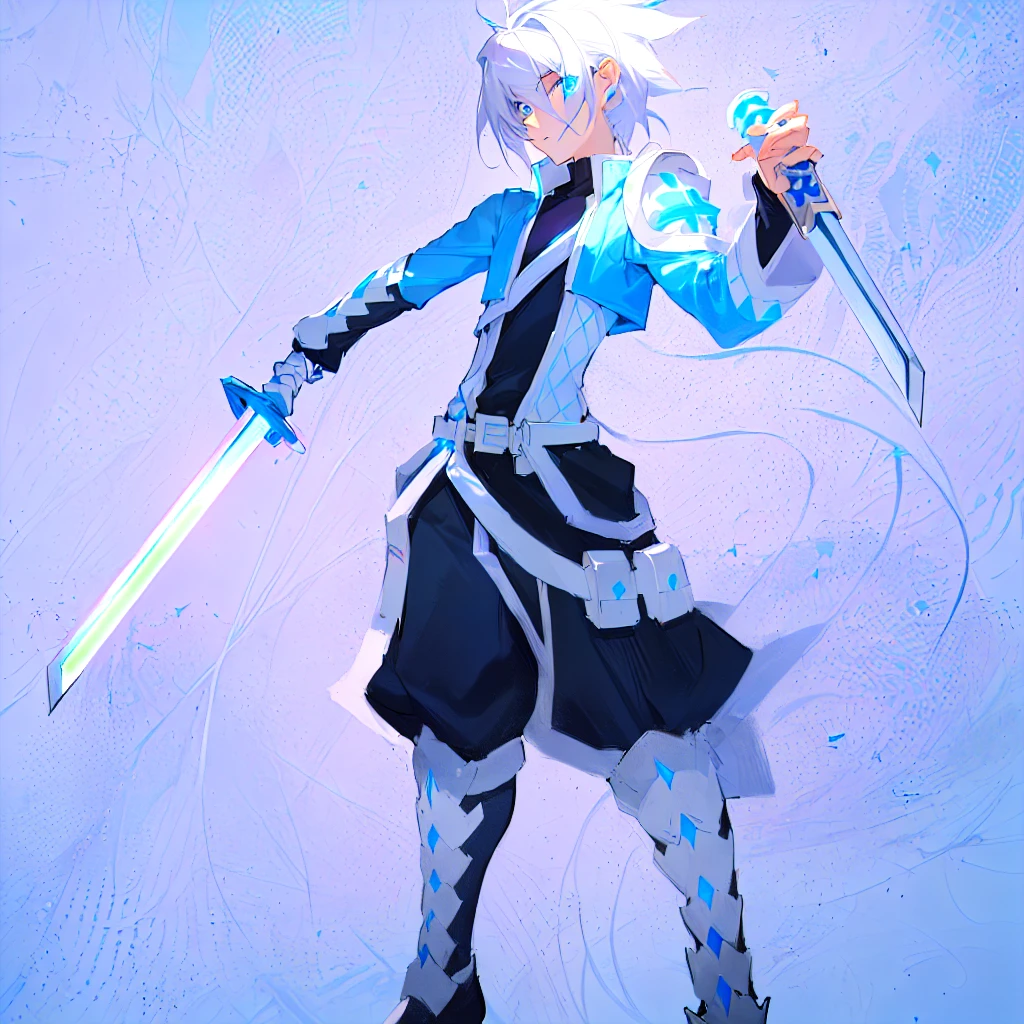 sketches of a drawing of a androgynous young boy with 2 swords, Kilua from hunter x hunter, an anime drawing, detailed fanart, hero 2d fanart artsation, ( ( character concept art ) ), anime drawing, game art!!, with out shading, anime shading), dramatic wielding sword pose, anime shading, white hair, glowing blue eyes, pale skin, black and blue clothing, metallic accents