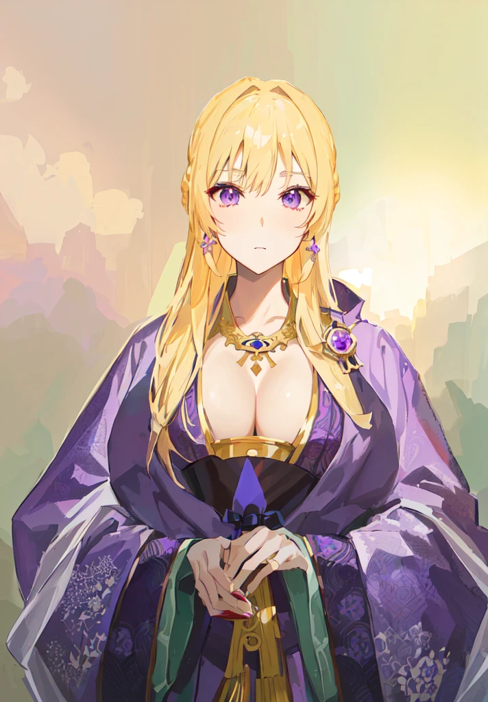 Wearing a purple robe、Cartoon image of a woman holding a bowl, ((Beautiful fantasy queen)), Produced in collaboration with Anime Painter Studio, Anime Goddess, Portrait of the Knights of the Zodiac, (Wearing noble robes)), Anime style like fate/overnight, Beautiful fantasy queen, In the anime painter studio,Three Kingdoms,Three Kingdoms志,Chinese style,antiquity,Hanfu,,巨big乳房,Good shape,Royal sister,Purple Eyes,Celluloid,big,Full figure,Noble