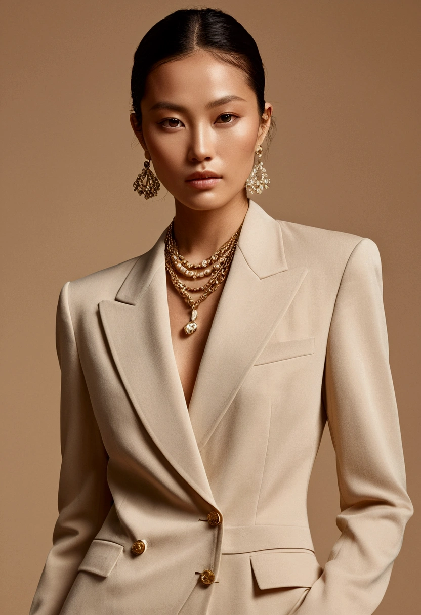 A fashion brand poster featuring the name "VEGA ZAISSI YANG" in bold, stylish font. The background is a simple gradient of light beige and dark tan, creating an elegant atmosphere. In front stands a mysterious woman wearing a cream-colored suit with minimalistic jewelry on her neck. Her face has no visible features except for one eye which adds to overall enigmatic feel of the portrait. The lighting creates soft shadows that enhance both the model's silhouette and the color palette