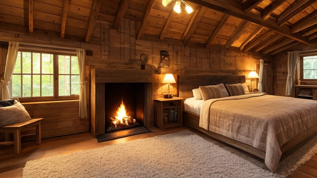 arafed bedroom with a fireplace and a bed with a blanket, cozy room, cozy place, cozy and peaceful atmosphere, cozy environment, cozy and calm, cozy setting, cozy atmospheric, cozy treehouse bedroom, cozy atmosphere, cozy wallpaper, cosy atmoshpere, cozy lighting, cozy bed, cozy home background, cozy lights, pleasant cozy atmosphere, cosy vibes