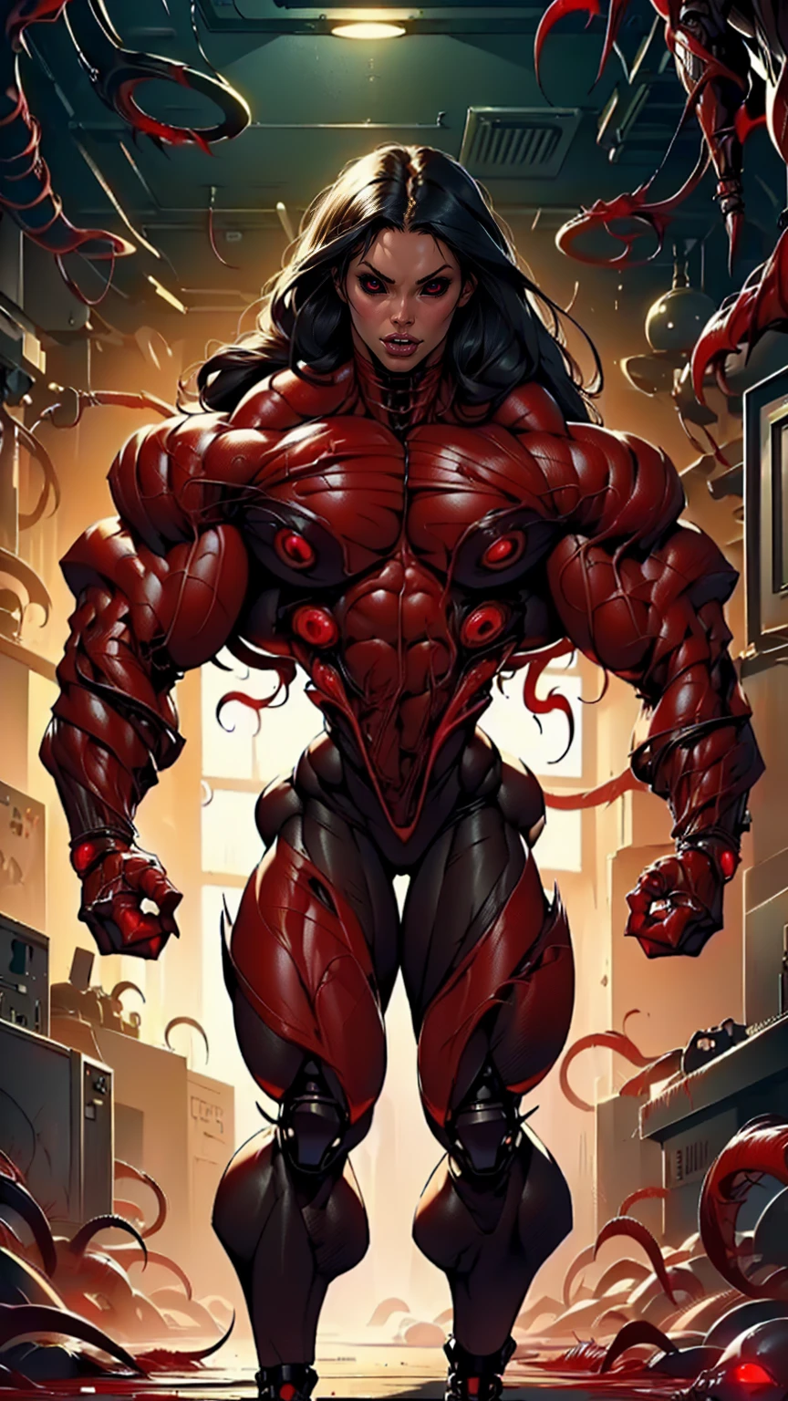 (beautiful girl face:1.25), megan fox as a beautiful vampiric girl with a muscular red carnage body, (red carnage anatomic cybernetic muscle suit:1.25), (body totally covered in muscles, veins, tendons), (perfect muscular anatomy), (wide shoulders and upper body:1.25), (slim waist:1.25), (long hair:1.25), (perfect hands:1.25), (full body view:1.25)