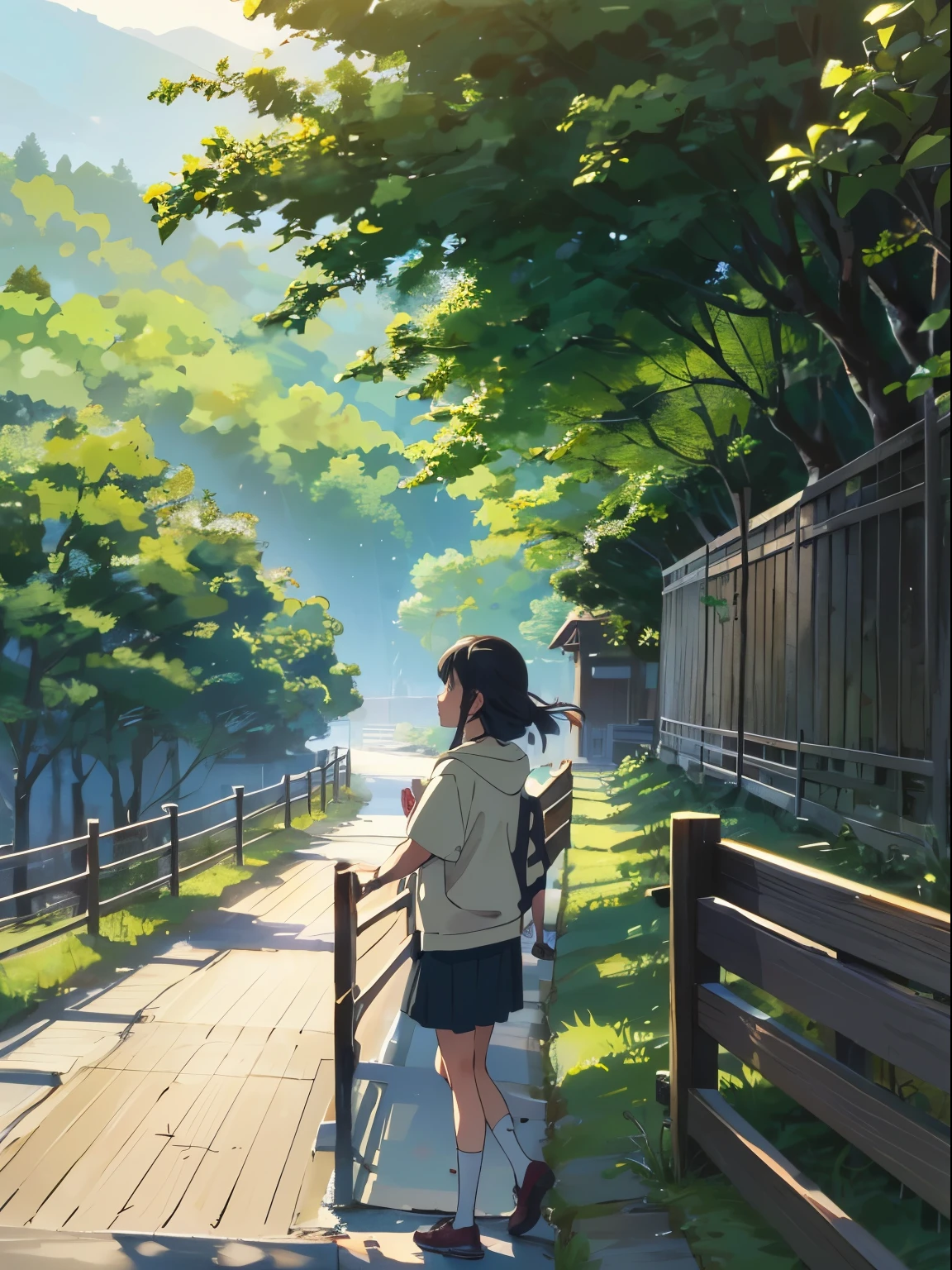 ((best quality)), ((masterpiece)), (detailed), Rainy Day,A long sidewalk leads to the distance,There are green trees and tall wooden railings on both sides.,Create an anime-style scene。The background is a dense forest,There is a distant mountain range behind。high resolution、high quality、Perfect details、Bright colors、Clear focus、Natural light、Soft shadows and a tranquil ambience,Girl leaning on the wooden railing looking into the distance