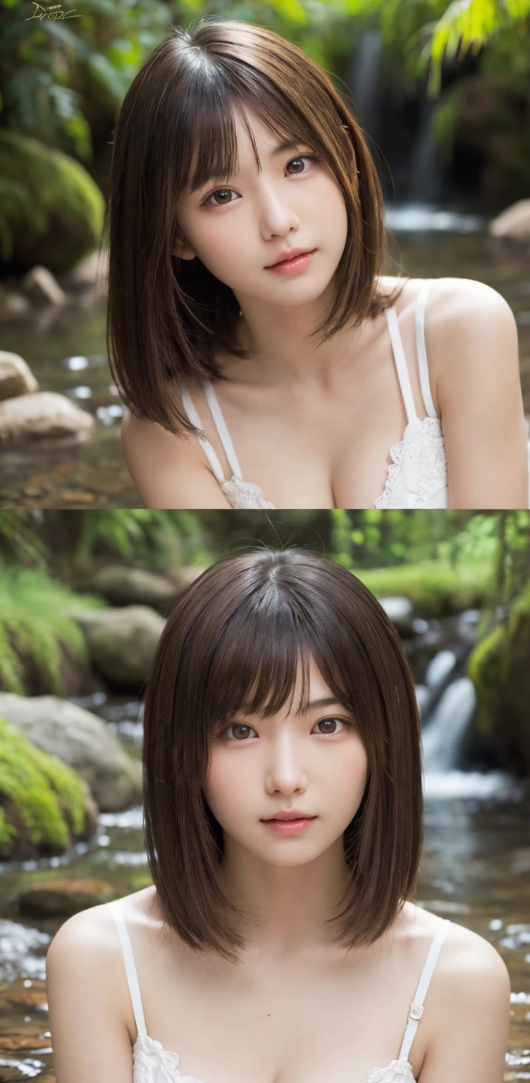 one girl, (a beauty girl, delicate girl:1.3), (:1.3),
BREAK,  (シャツ:1.2),
BREAK, (Small waterfall　background:1.2),
BREAK, very fine eyes, (symmetrical eyes:1.3),
BREAK, (big breasts:1.1), brown eyes, parted bangs, brown bobcut hair, round face, kawaii,
BREAK, (eyes and faces with detailed:1.0),
BREAK, (masterpiece, best quality, ultra detailed, detailed face, 8K)