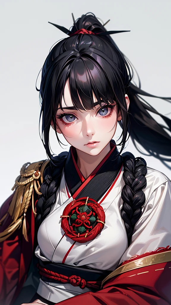 Highest quality, Ultra-high resolution, (Realistic: 1.4), beautiful Eyes, Super beautiful, beautiful, Warrior, Japanese style ((Black Hair、ponytail)),White and red tones、 beautiful Soldier, Eyes that beckon, Mistress's point of view, Droopy eyes、Attractive look, Sexy smile, Perfect Style, Perfect balance, Detailed skin, Mischievous Gaze,beautiful背景