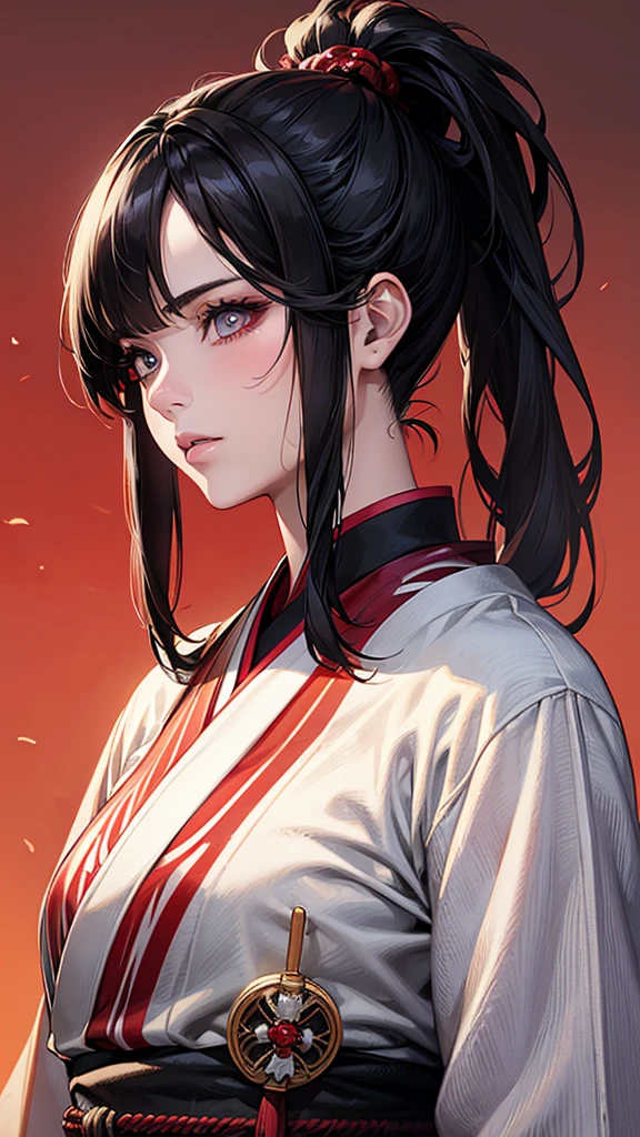 Highest quality, Ultra-high resolution, (Realistic: 1.4), beautiful Eyes, Super beautiful, beautiful, Warrior, Japanese style ((Black Hair、ponytail)),White and red tones、 beautiful Soldier, Eyes that beckon, Mistress's point of view, Droopy eyes、Attractive look, Sexy smile, Perfect Style, Perfect balance, Detailed skin, Mischievous Gaze,beautiful背景
