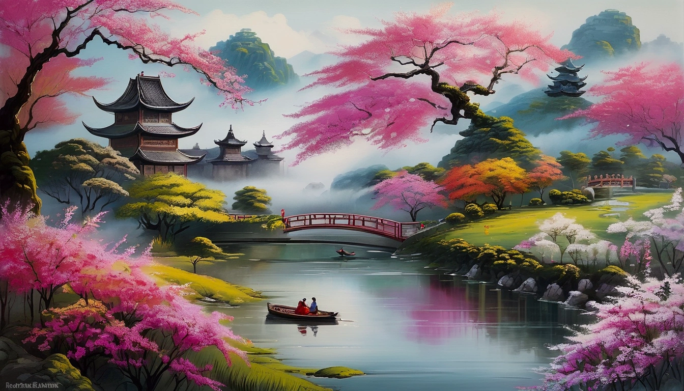Amongst a garden in full bloom, a single young artist finds solace in their creative expression, painting with fervor. The colors around them are vibrant, the air filled with the fragrance of flowers. The scene is lit with natural daylight, creating a refreshing, inspiring atmosphere that emphasizes the joy and passion of artistic creation. A dreamy, romantic visual journey capturing the elegance and passion of ancient Chinese aesthetics. The visuals include delicate brush strokes reminiscent of traditional ink paintings, intricately detailed flowers, and serene landscapes drenched in gentle rain and mist. The atmosphere exudes deep emotions of longing, love, and unrestrained artistic expressions, with a harmonious blend of bold and graceful movements.