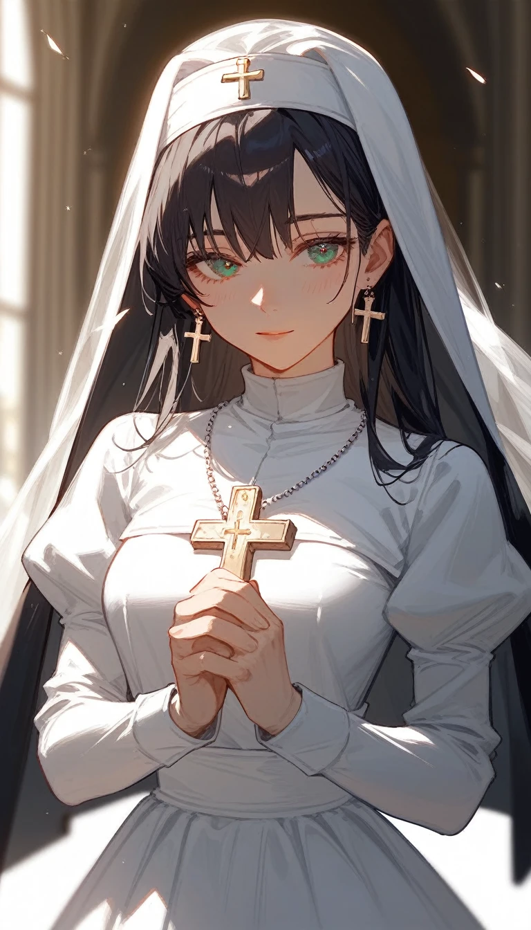 (Fraction_9,Fraction_8_Direction_7_up), ((1 woman))(Close shot),Priest,nun,White holy light,Wedding dress,with bible in hand,cross,