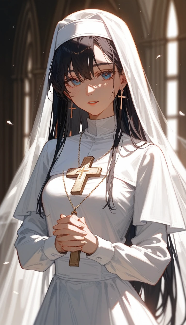 (Fraction_9,Fraction_8_Direction_7_up), ((1 woman))(Close shot),Priest,nun,White holy light,Wedding dress,with bible in hand,cross,
