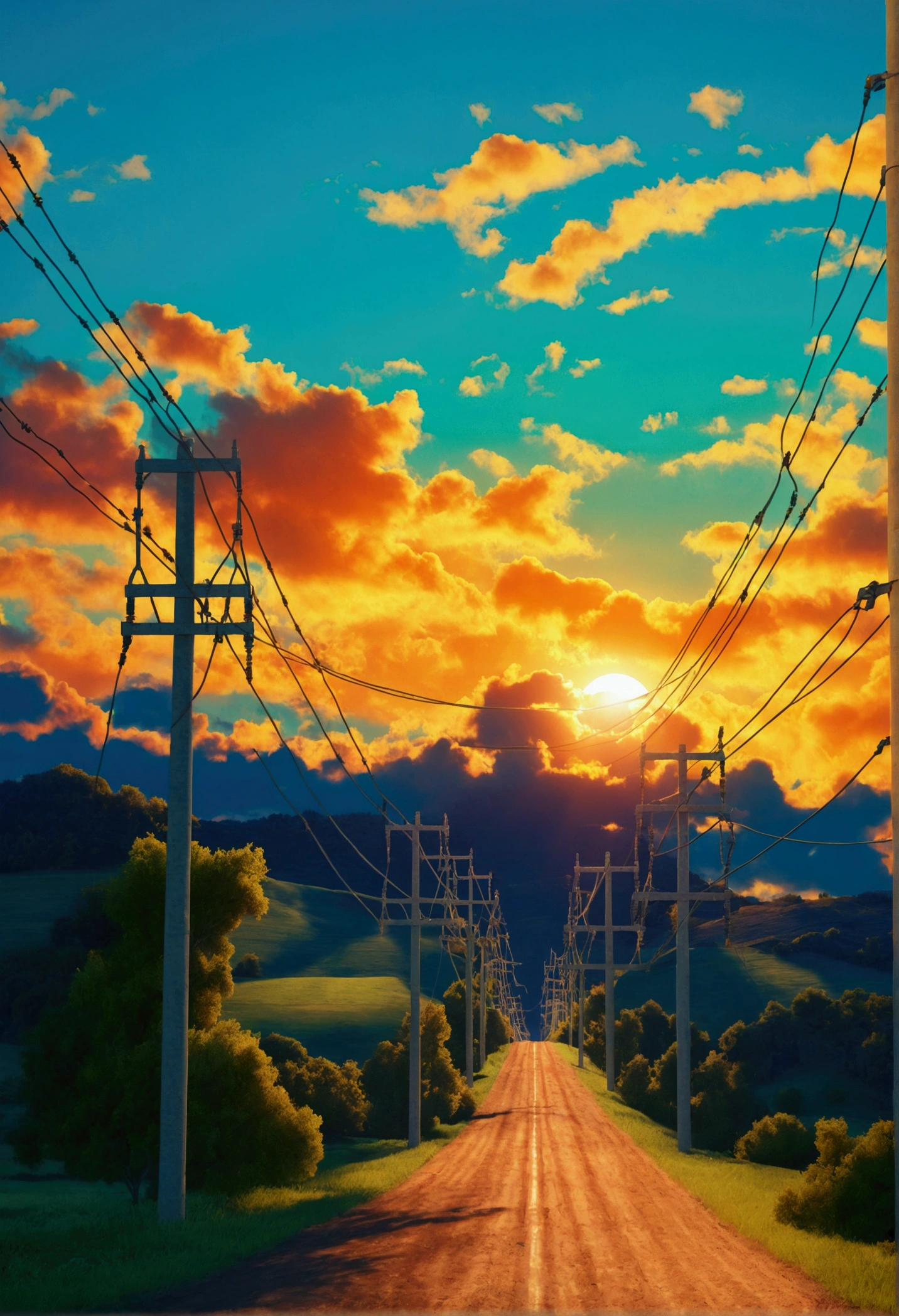 a photorealistic image of a power transmission line at a bright sunset hour, shot with depth of feild and an Arri Alexa