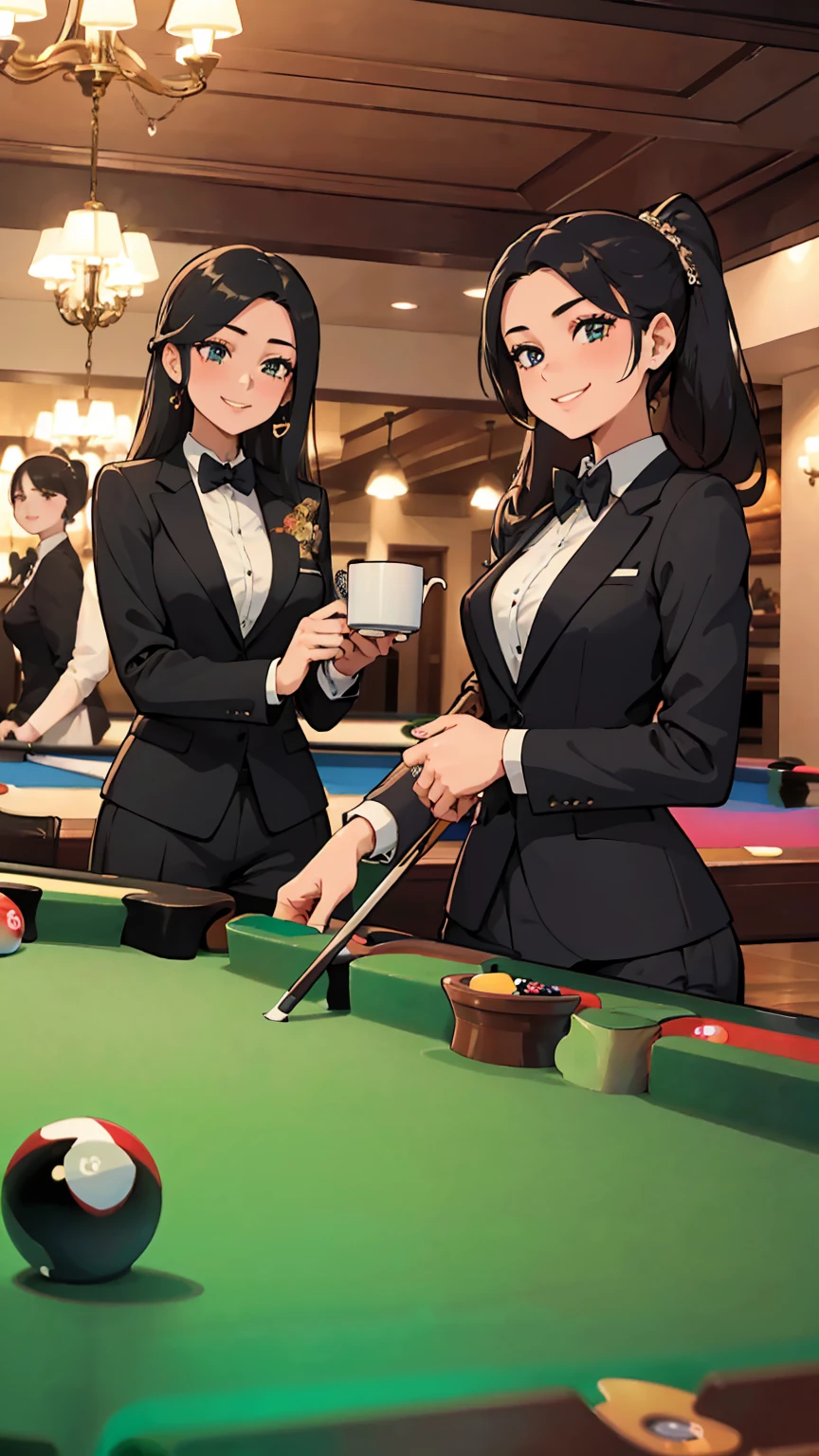 masterpiece, best quality, high definition, (multiple girls are playing billiard:1.4), (they are all wearing fancy suits), they are smiling and happy, (alcohol drinks and mugs can be seen on the pool table),