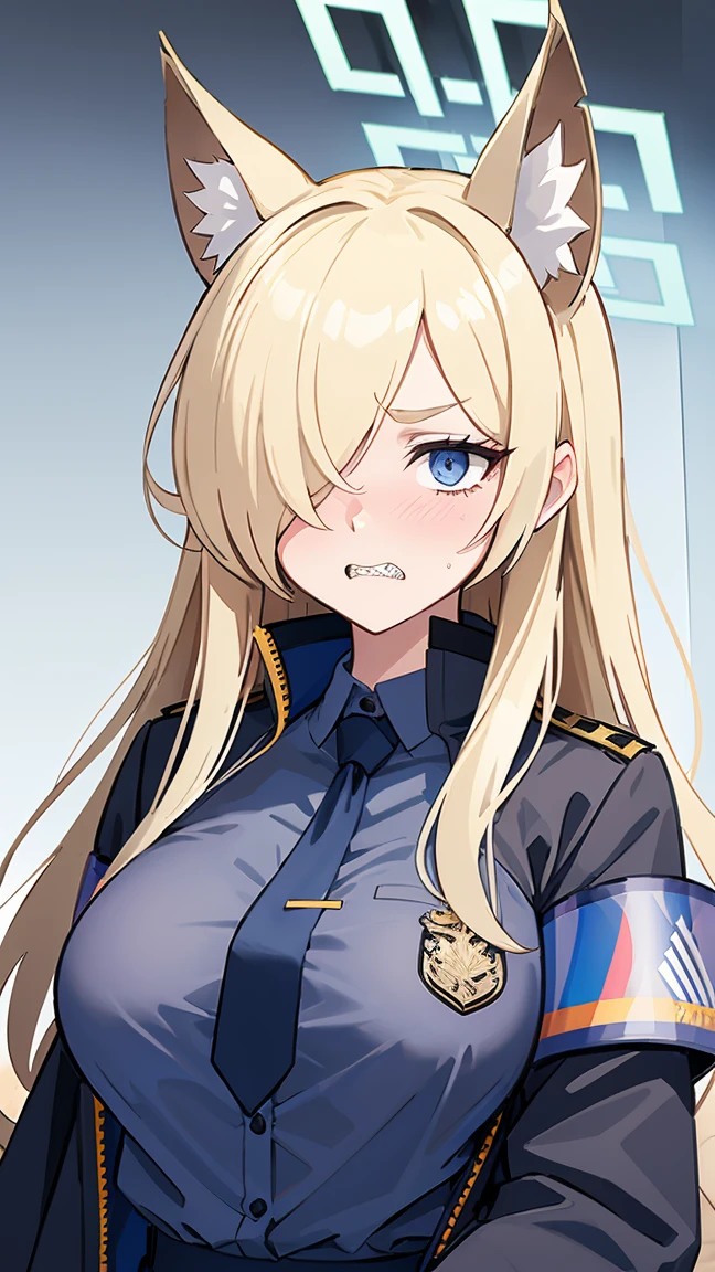 Kanna Ogata（Blue Archive）,Blonde long hair,Grey gap,Wolf Ears,One eye is covered by hair,（（（Large Breasts）））,Circle of angels overhead,Jagged teeth,Embarrassed,masterpiece,8K,Dark blue shirt,Black jacket,Navy blue tie,Armband,