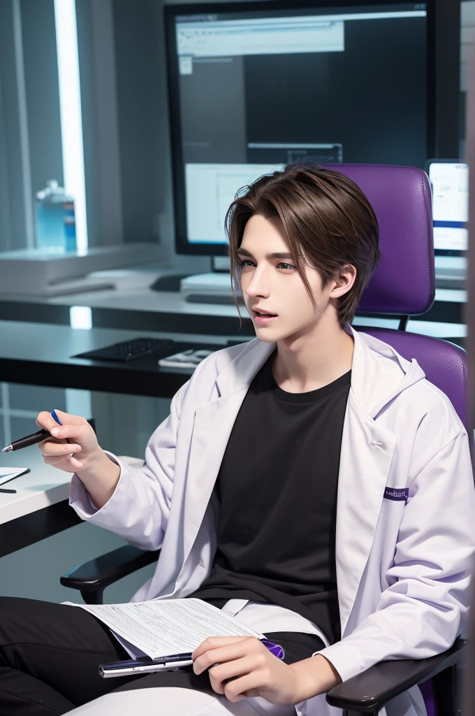 Refreshing young man
Beautiful young man
20 years old
slender
Brown hair
Purple eyes
Cyber Laboratory
Dark near-future lab
White lab coat
Chewing a pen
Biting a ballpoint pen with teeth
Thinking
Turn your body to the right
right side
Sit down
Plush black chair
hair down in front of head