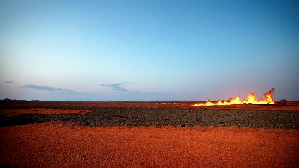A scorched horizon, where flames dance across a desolate wasteland. The seared earth blurs the line between dream and reality. Your eyes drawn to the spectacle of infernal dance
