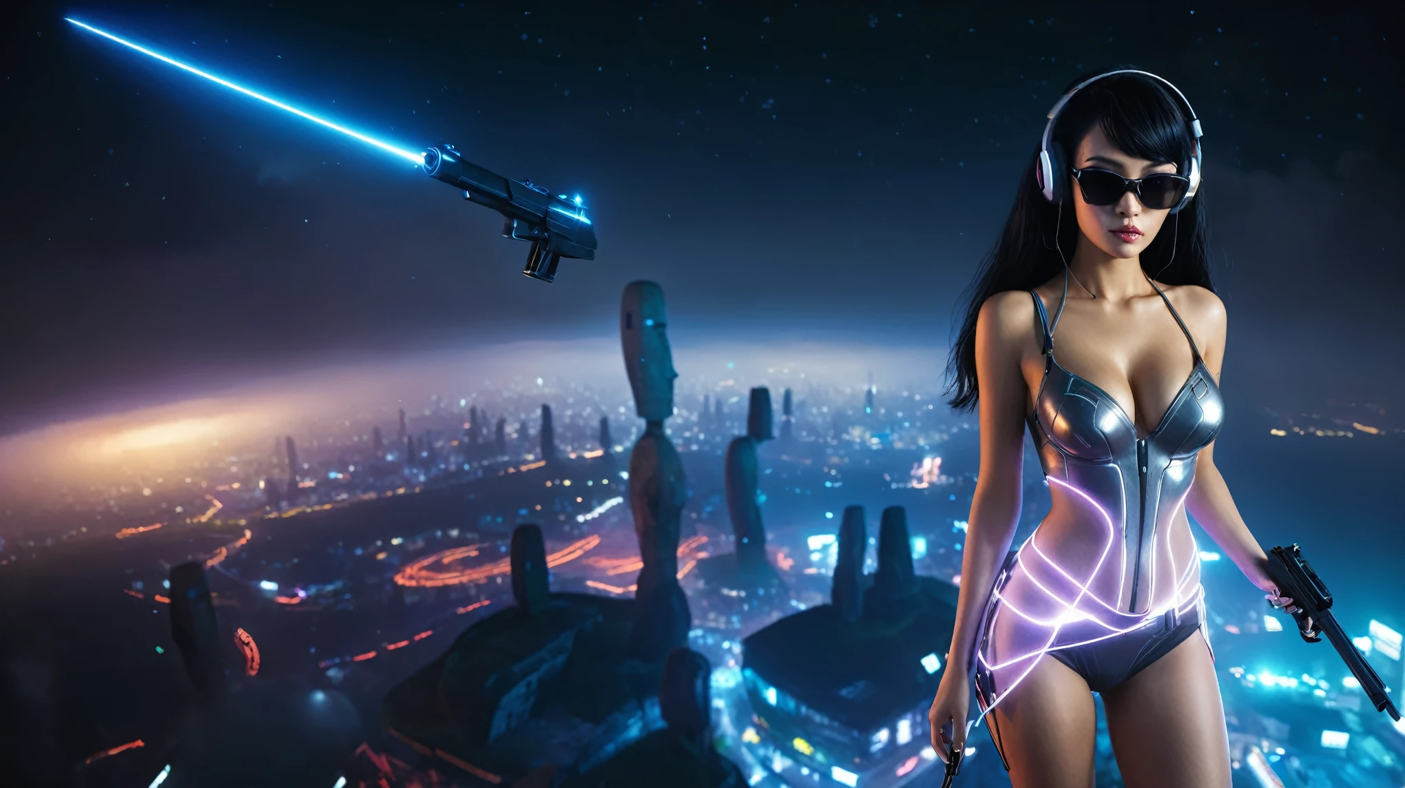 At night, dark sky, medium shot aerial view of fantasy cyberpunk style ((Moai-statue)) city, ((flying vehicle)). ((1girl, solo, alone)), medium-breast:1.1 slim body, cleavage, sexy clothes, (headphone, black sunglasses, long black realistic hair), (((hip-up standing and holding pistol))), half-body thigh level medium shot, cinematic lighting.