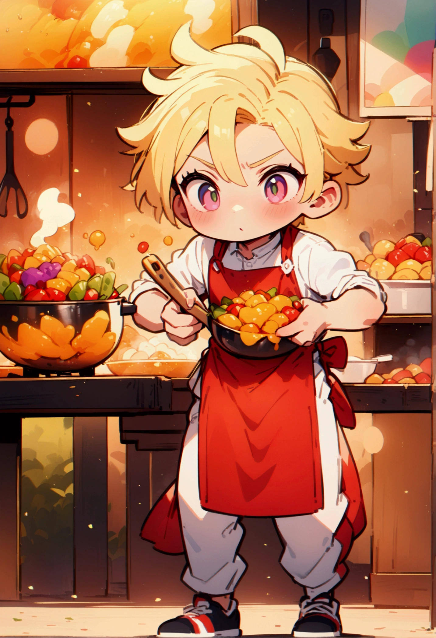 best quality, masterpiece, 8K, HD, young man with blond hair, wearing white shirt and red apron, having fun while cooking delicious colorful food, at a roadside stall, front view, full body, vibrant colors, highly detailed