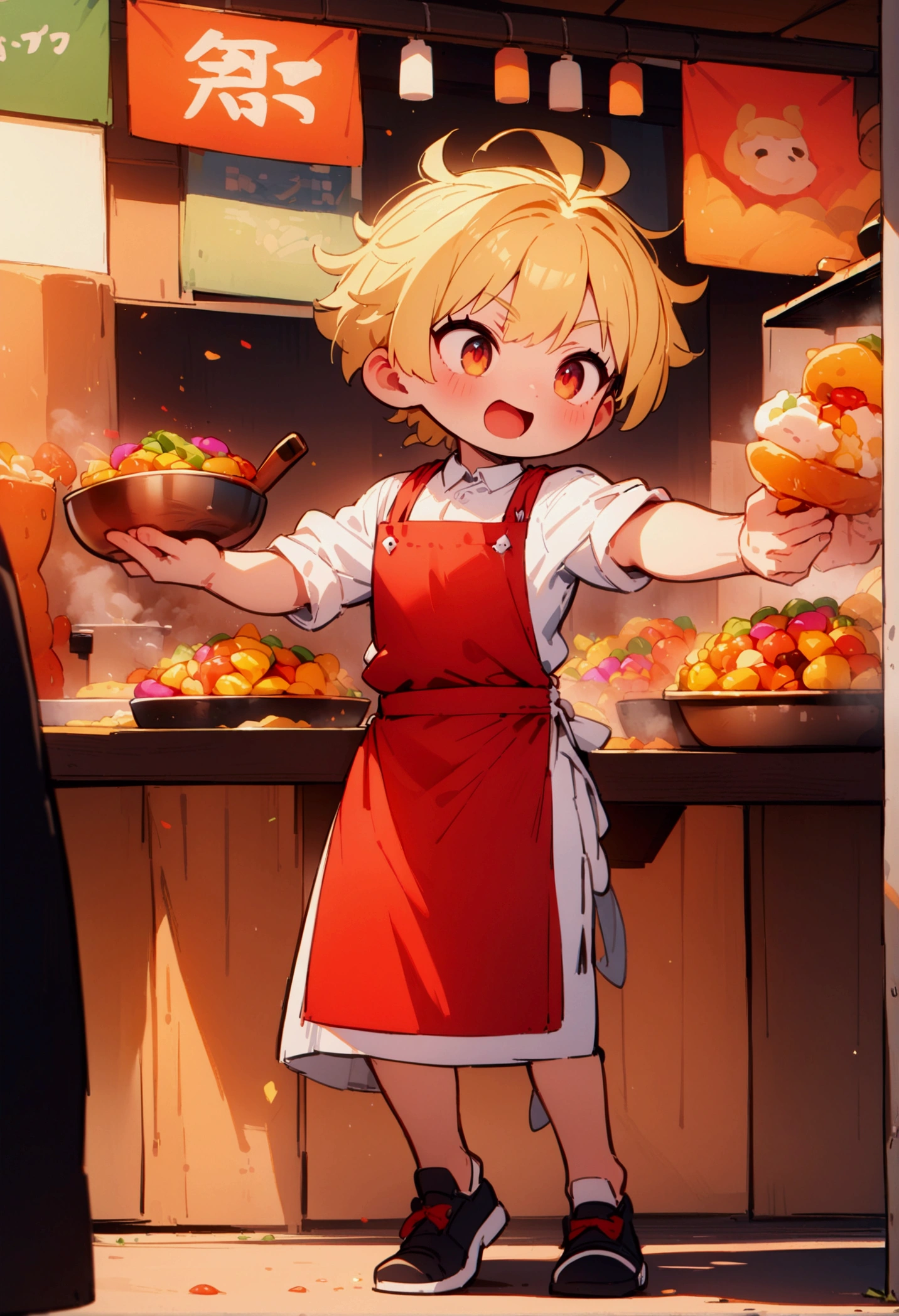 best quality, masterpiece, 8K, HD, young man with blond hair, wearing white shirt and red apron, having fun while cooking delicious colorful food, at a roadside stall, front view, full body, vibrant colors, highly detailed