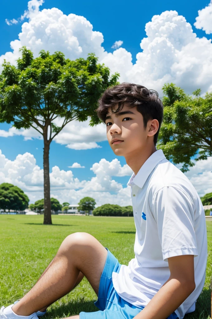 Anime, background blue sky with white clouds, a boy sitting on grass wearing white shirt , face is not seen