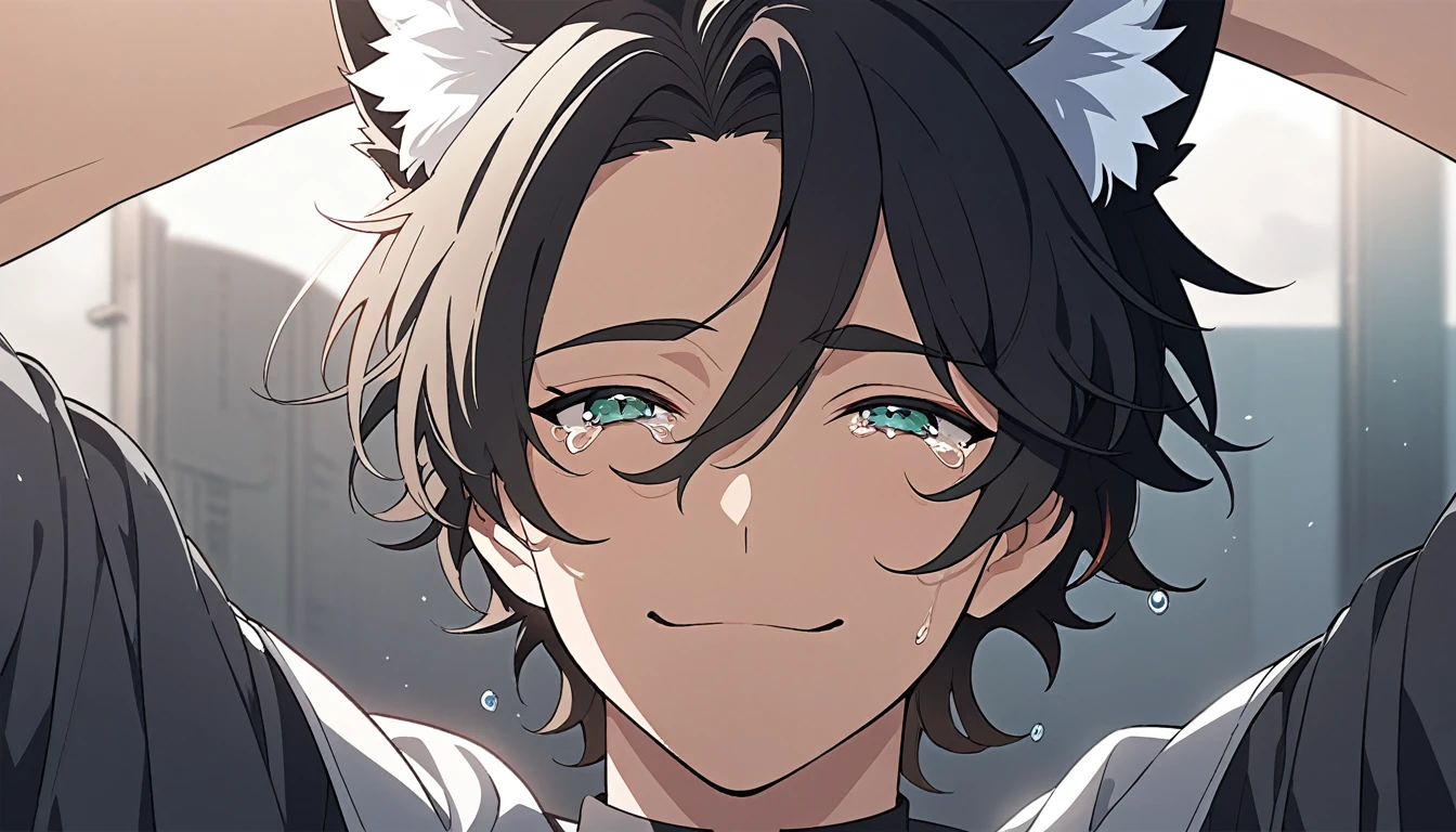(masterpiece,detailed,highres:1.4), anime artwork. anime style, key visual, vibrant, highly detailed, red and green eyes, fox ears, crying, upper body, black hair, white tips, falling tears, smiling, solo, small smile, male, front, closed mouth, 1male,