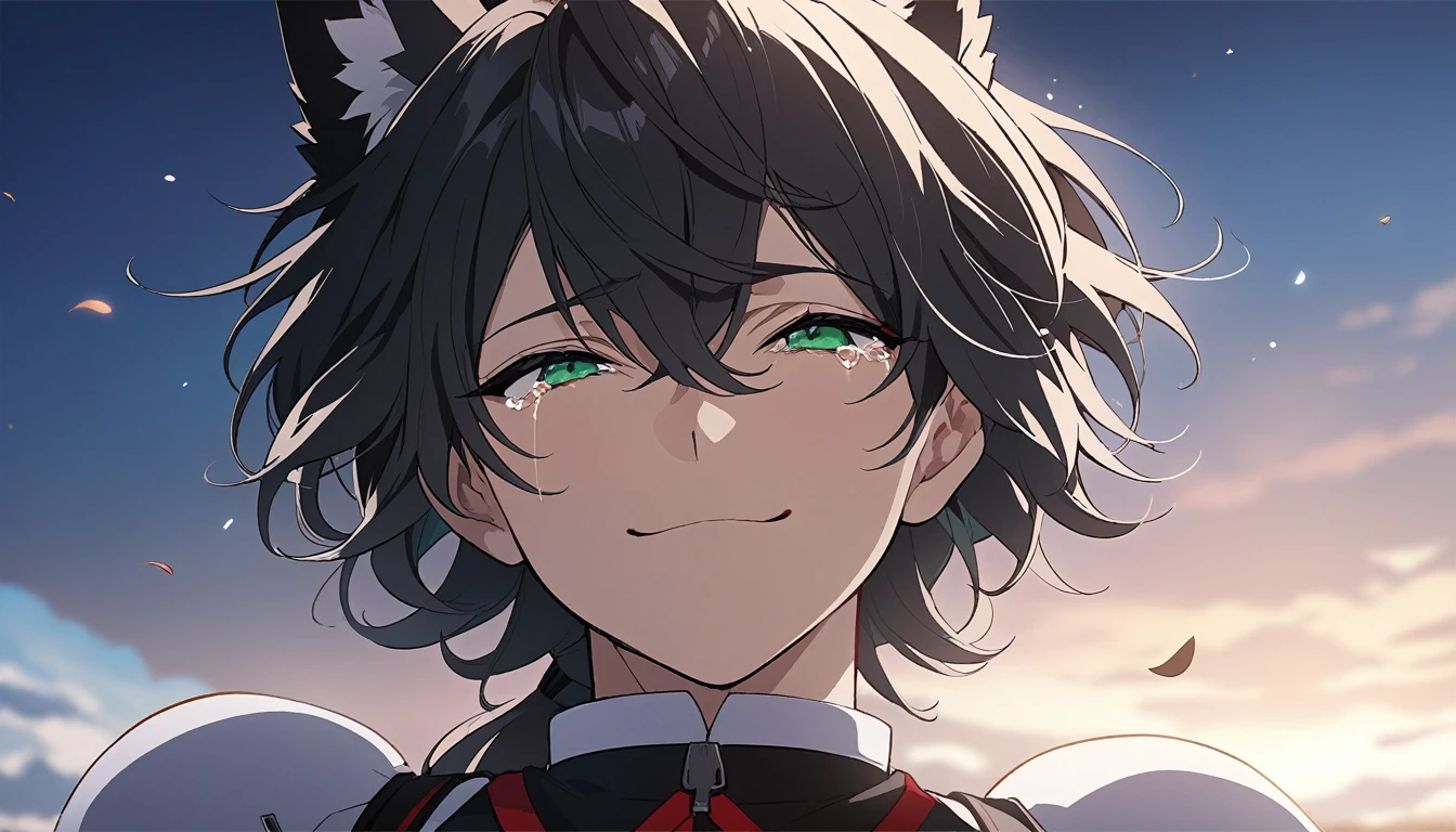 (masterpiece,detailed,highres:1.4), anime artwork. anime style, key visual, vibrant, highly detailed, red and green eyes,  fox ears, crying, upper body, black hair, white tips, falling tears, smiling, solo, small smile, male, front, closed mouth, 1male, 