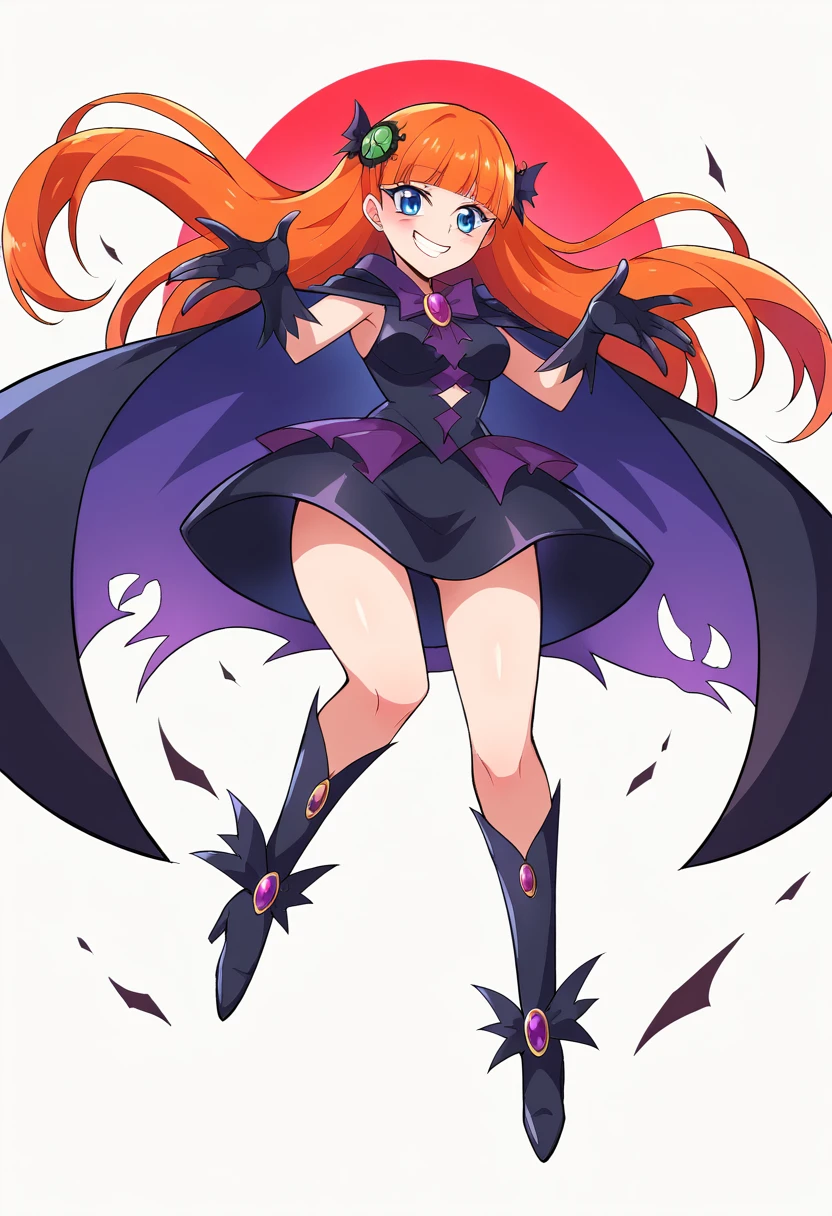 Highest quality, Very detailed,One Girl, alone, {cure_zero_hirogaruzeroprecure:1.15}, Dark blue hair, blue eyes, Blue flames in the eyes, Long Hair, Twin tails, Magical girl, bangs, Open your mouth, Redhead, multicoloRedhead, One Girl, blunt bangs, Darken your clothes, hair ornaments, Wicked Smile, devilish aura (Shiny fabric:1.5), Full Body Shot, Purple Gemstone, attractive, blush, (Beautiful attention to detail:1.6), Very detailed顔, Perfect lighting, Extremely detailed CG, (Perfect hands, Perfect Anatomy), devil, Red and black color scheme, Shiny material, Grin, Black ribbon, black satin gloves, Evil clover leaf ornament, Black frills, jewelry, corruption, Latex Gloss, Black Gothic Cape, Wicked Smile, Dark World Background, Red Moon, cloudy zero, CG Style, One-sided black wing,Dark shadowed face,Sadistic smile,Malice,Contempt,smile,black