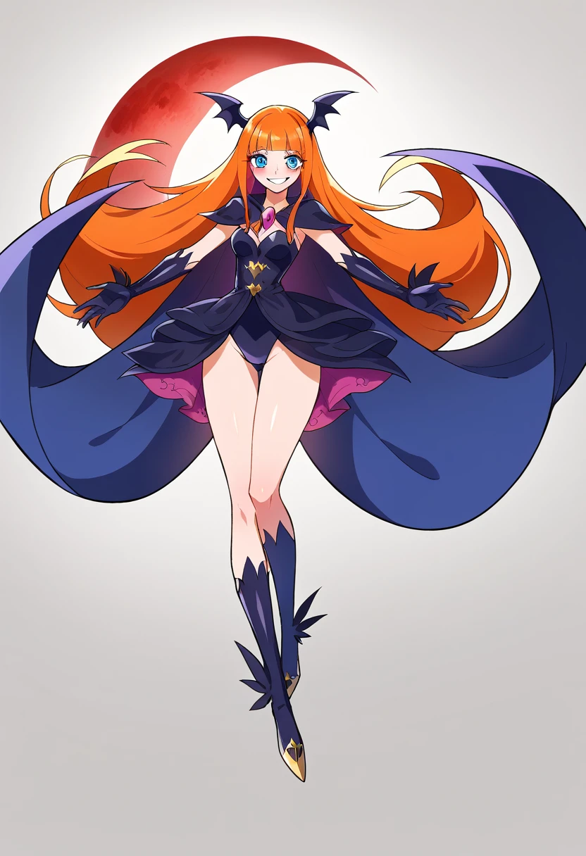 Highest quality, Very detailed,One Girl, alone, {cure_zero_hirogaruzeroprecure:1.15}, Dark blue hair, blue eyes, Blue flames in the eyes, Long Hair, Twin tails, Magical girl, bangs, Open your mouth, Redhead, multicoloRedhead, One Girl, blunt bangs, Darken your clothes, hair ornaments, Wicked Smile, devilish aura (Shiny fabric:1.5), Full Body Shot, Purple Gemstone, attractive, blush, (Beautiful attention to detail:1.6), Very detailed顔, Perfect lighting, Extremely detailed CG, (Perfect hands, Perfect Anatomy), devil, Red and black color scheme, Shiny material, Grin, Black ribbon, black satin gloves, Evil clover leaf ornament, Black frills, jewelry, corruption, Latex Gloss, Black Gothic Cape, Wicked Smile, Dark World Background, Red Moon, cloudy zero, CG Style, One-sided black wing,Dark shadowed face,ic smile,Malice,Contempt,smile,black