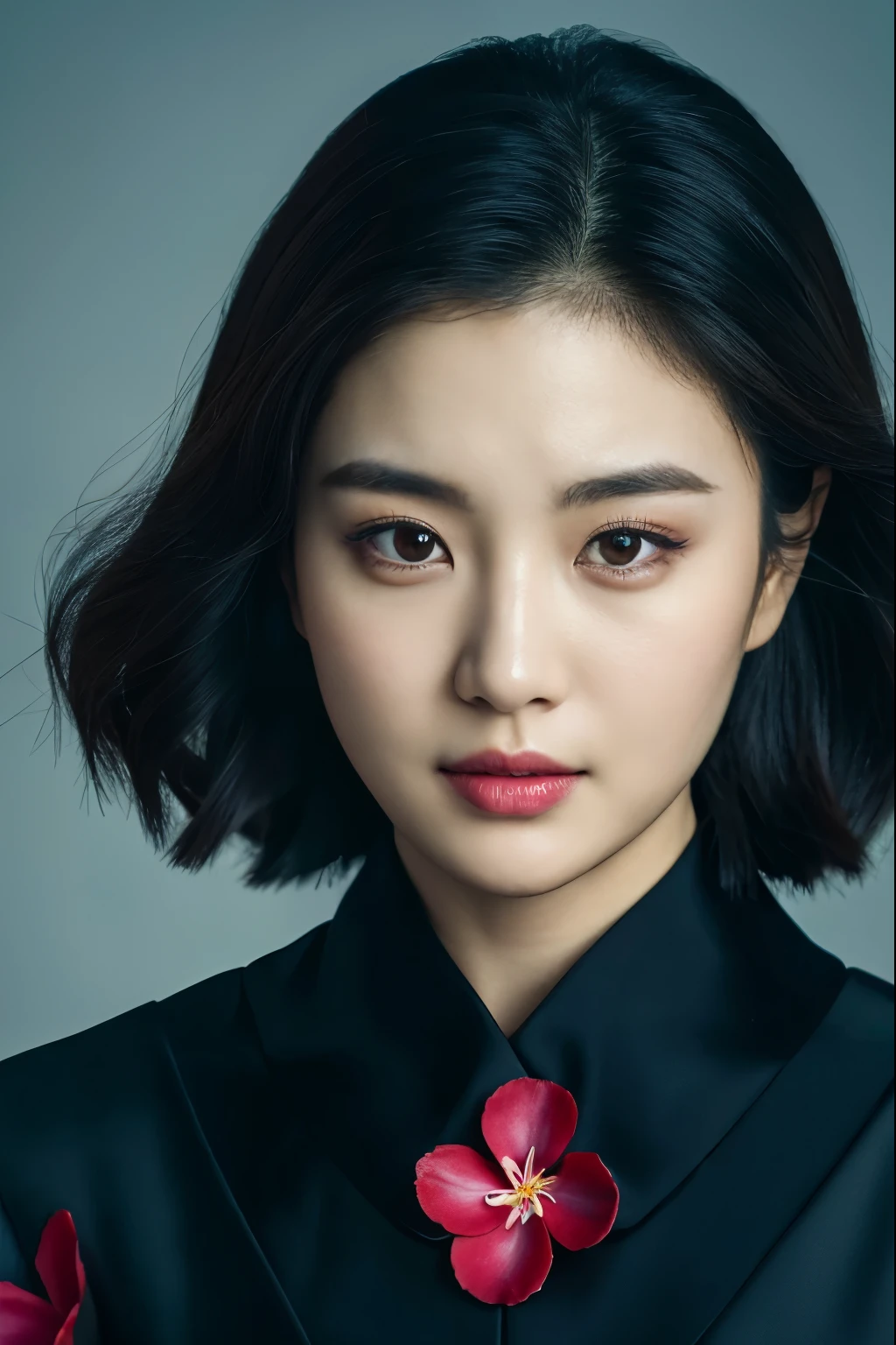 arafed woman in a black dress with a flowered collar, portrait shot, closeup portrait shot, inspired by Jeong Seon, iu lee ji-eun as a super villain, inspired by Zhang Yin, fan bingbing, inspired by Huang Ji, inspired by Wu Bin, soft portrait shot 8 k, close - up portrait shot, inspired by Zhu Derun