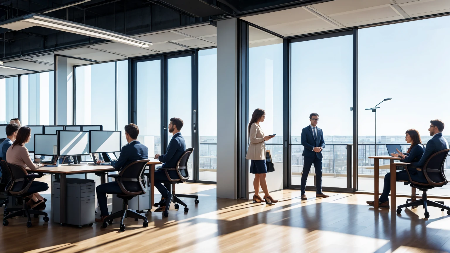 materpiece, high wuality imge , people walking, people, working in the background, sitting in front of a comuter, programing, office, wide shot, 8k realistic