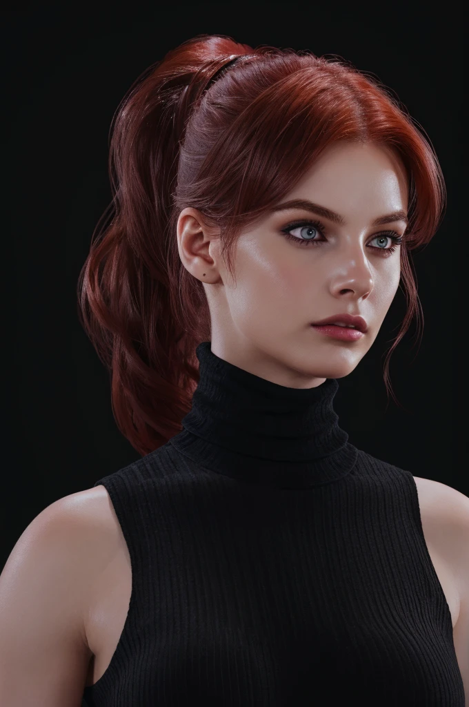 woman with medium-ponytail ,Auburn-red-hair, hairy medium hairstyle, pale, wearing black turtleneck. eyeliner,portrait, beautiful woman, beautiful female ,beautiful ,eyeliner , elegant, digital painting, smooth, dramatic lighting, ultra realistic, 8k, art , blur backgrond, black background ,black background,black wallpaper,wearing black turtleneck.