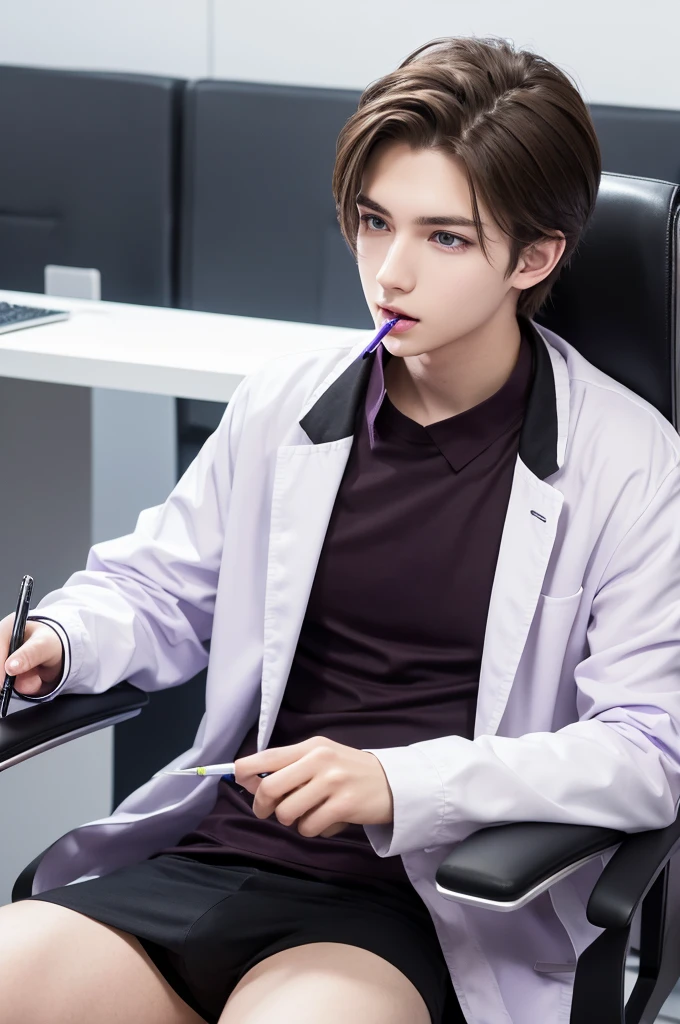 Refreshing young man
Beautiful young man
20 years old
slender
Brown hair
Purple eyes
Cyber Laboratory
Dark near-future lab
White lab coat
Chewing a pen
Biting a ballpoint pen with teeth
Thinking
Turn your body to the right
right side
Sit down
Plush black chair
hair down in front of head