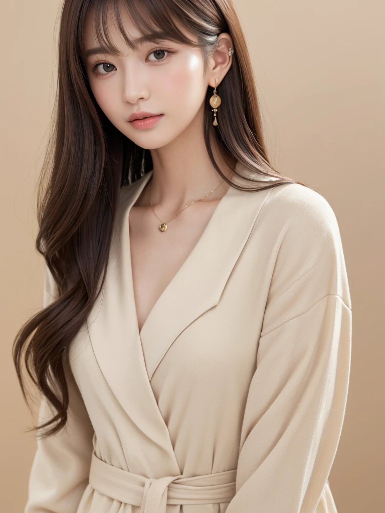 ((Highest quality, 8K, masterpiece:1.3)), concentrate: 1.2, Perfect body beauty: 1.4, Hips: 1.2, ((Long Hair, chest: 1.2)), (Dry clothes: 1.1) , (clear, Simple Background:1.3), Simple clothes: 1.1, Highly detailed face and skin texture,Delicate eyes, double eyelid, Whitened skin, Rough skin、Long Hair、Earrings with bangs、necklace、 solo、Beige coat、White shirt, (((Beautiful girl with cute Japan)))、 ((Beautiful Japanese girl 20 years old))、 ((Baby Face))、 (((Slender body)))、 Upper Body,Face focus、necklace,Simple Background,From above, Realistic Hair、 A photograph was taken:Canon EOS R6、135mm、1/1250 seconds、f2.8、ISO400、(Detailed explanation of the hand)、(Masseter muscle area)、(Exquisite CG)、Long Hair, loose and curly hair、Korean Hair、Long Hair明るいベージュ色、グラデーションハイライトグレージュのゆるふわLong Hairスタイル、