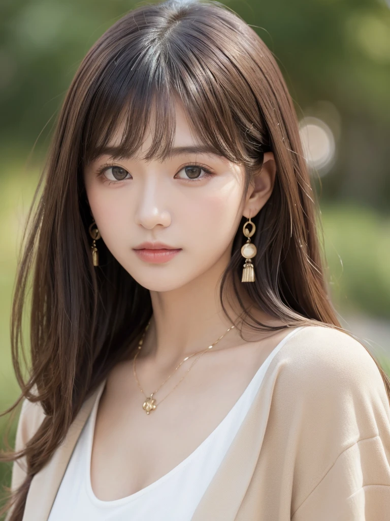 ((Highest quality, 8K, masterpiece:1.3)), concentrate: 1.2, Perfect body beauty: 1.4, Hips: 1.2, ((Long Hair, chest: 1.2)), (Dry clothes: 1.1) , (clear, Simple Background:1.3), Simple clothes: 1.1, Highly detailed face and skin texture,Delicate eyes, double eyelid, Whitened skin, Rough skin、Long Hair、Earrings with bangs、necklace、 solo、Beige coat、White shirt, (((Beautiful girl with cute Japan)))、 ((Beautiful Japanese girl 20 years old))、 ((Baby Face))、 (((Slender body)))、 Upper Body,Face focus、necklace,Simple Background,From above, Realistic Hair、 A photograph was taken:Canon EOS R6、135mm、1/1250 seconds、f2.8、ISO400、(Detailed explanation of the hand)、(Masseter muscle area)、(Exquisite CG)、Long Hair, loose and curly hair、Korean Hair、Long Hair明るいベージュ色、グラデーションハイライトグレージュのゆるふわLong Hairスタイル、