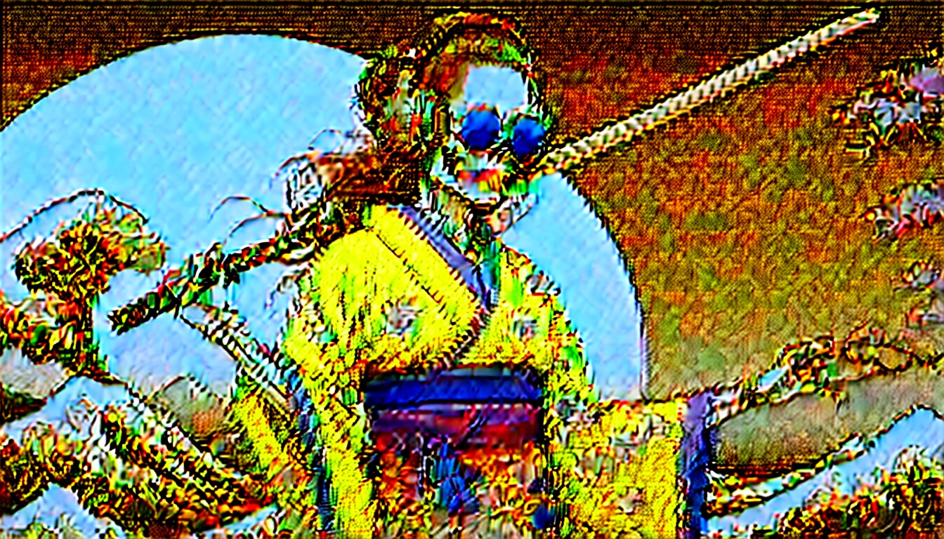 A female skeleton with long hair wearing a neon-illuminated kimono, Sunglasses with tinted lenses, Katsushika Hokusai, Ink Painting, Japanese style headphones, Holding a Japanese sword in one&#39;s mouth, Modern ukiyo-e style, Red Eyes