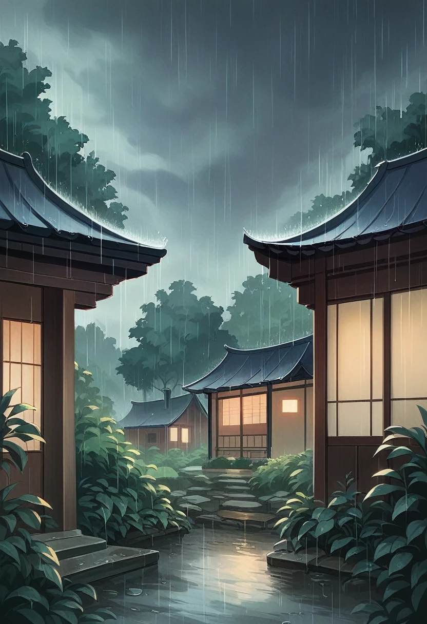 there is a rain falling down on a house and a garden, lush japanese landscape, rainy scene, beautiful anime scene, rain aesthetic, quiet and serene atmosphere, rainy and gloomy atmosphere, rainy day outside, beautiful and aesthetic, rainy evening, rainy environment, rainy outside, at evening during rain, japanese house, beautiful detailed scene, rainy afternoon, japan nature, raining outside