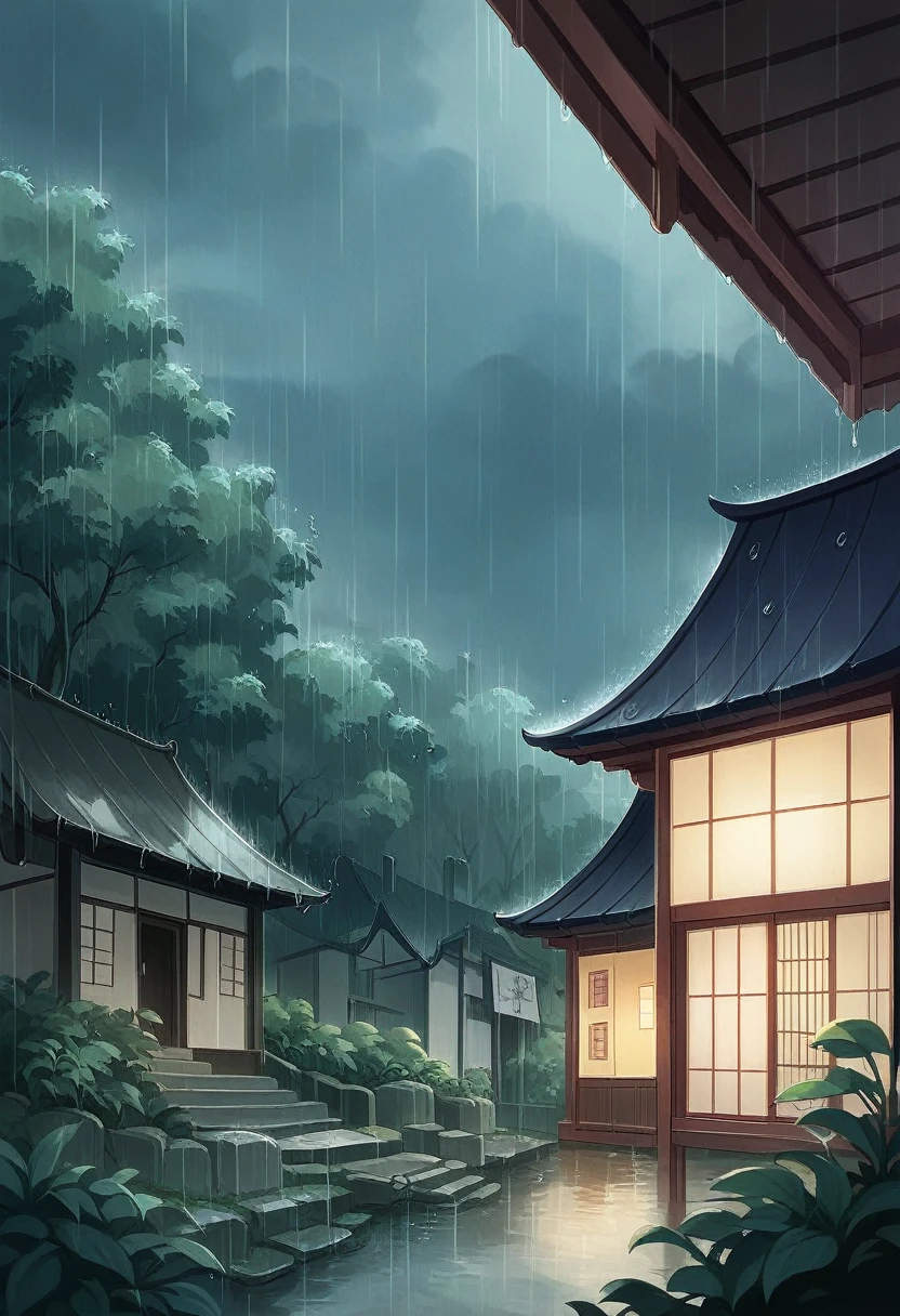 there is a rain falling down on a house and a garden, lush japanese landscape, rainy scene, beautiful anime scene, rain aesthetic, quiet and serene atmosphere, rainy and gloomy atmosphere, rainy day outside, beautiful and aesthetic, rainy evening, rainy environment, rainy outside, at evening during rain, japanese house, beautiful detailed scene, rainy afternoon, japan nature, raining outside