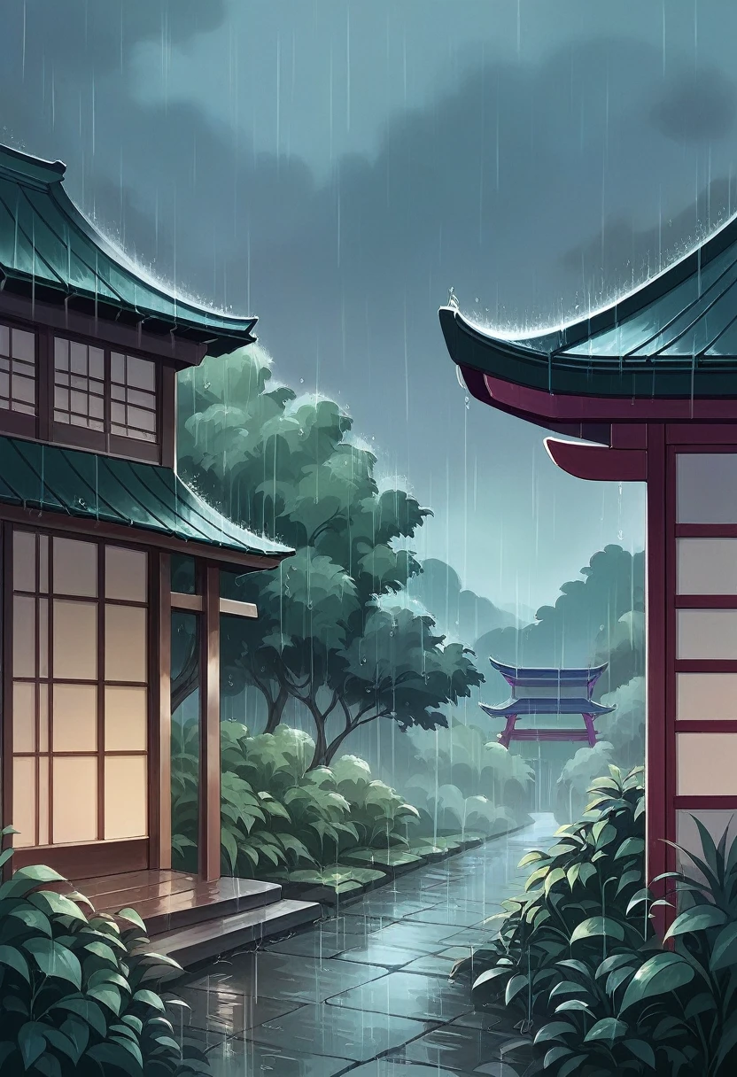 there is a rain falling down on a house and a garden, lush japanese landscape, rainy scene, beautiful anime scene, rain aesthetic, quiet and serene atmosphere, rainy and gloomy atmosphere, rainy day outside, beautiful and aesthetic, rainy evening, rainy environment, rainy outside, at evening during rain, japanese house, beautiful detailed scene, rainy afternoon, japan nature, raining outside