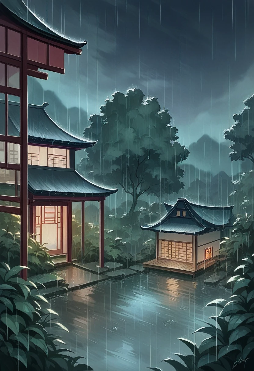 there is a rain falling down on a house and a garden, lush japanese landscape, rainy scene, beautiful anime scene, rain aesthetic, quiet and serene atmosphere, rainy and gloomy atmosphere, rainy day outside, beautiful and aesthetic, rainy evening, rainy environment, rainy outside, at evening during rain, japanese house, beautiful detailed scene, rainy afternoon, japan nature, raining outside