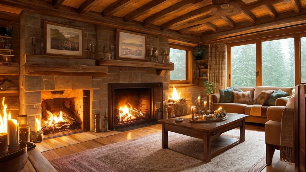 arafed view of a cozy living room with a fire place, cozy wallpaper, cozy home background, cozy place, cozy atmospheric, cozy and peaceful atmosphere, cozy environment, cozy and calm, cozy living room background, cosy enchanted scene, cozy setting, cozy atmosphere, cozy room, cozy night fireflies, cosy atmoshpere, cozy living room, cozy lighting
