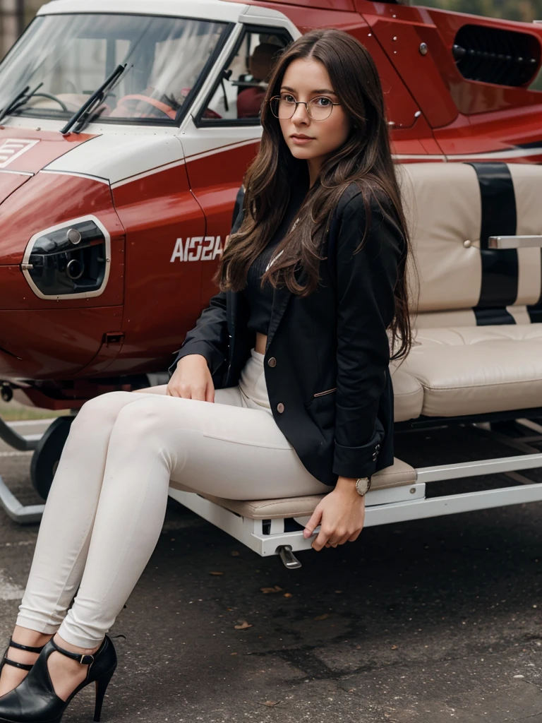 Clara brunette with human features, beautiful with long wavy hair and prescription glasses in high heel leggings and blazer in front of the helicopter