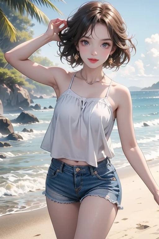 (Highest quality、masterpiece、High resolution、8K)、Vibrant colors、Young and beautiful woman 1、whole body、(Detailed face、Beautiful Eyes、Beautiful nose、Pretty lips)、Black and brown short bob、White tank top and shorts、barefoot、Jump High、Ride along the sandy beach、Surprised Smile、Official Art、The background is the sea、blue sky、Wide sandy beach、Wide forest、White waves and sandy beach、White Entrance Cloud、