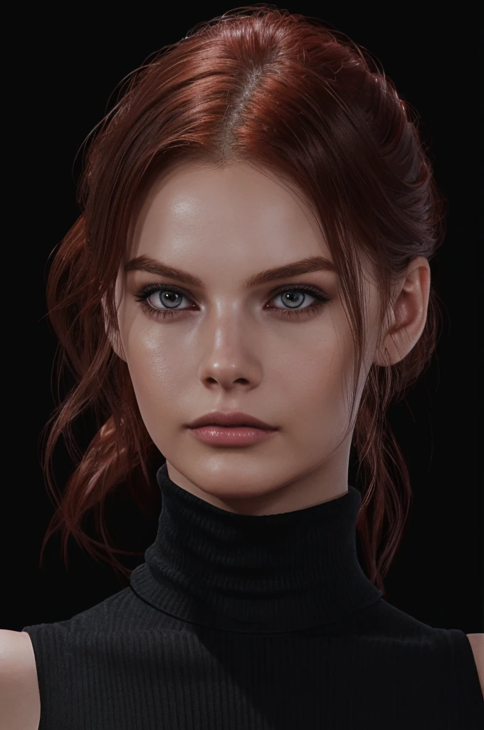 woman with medium-hair,Auburn-red-hair, hairy medium hairstyle, pale, wearing black turtleneck. eyeliner,portrait, beautiful woman, beautiful female ,beautiful ,eyeliner , elegant, digital painting, smooth, dramatic lighting, ultra realistic, 8k, art , blur backgrond, black background ,black background,black wallpaper,wearing black turtleneck.