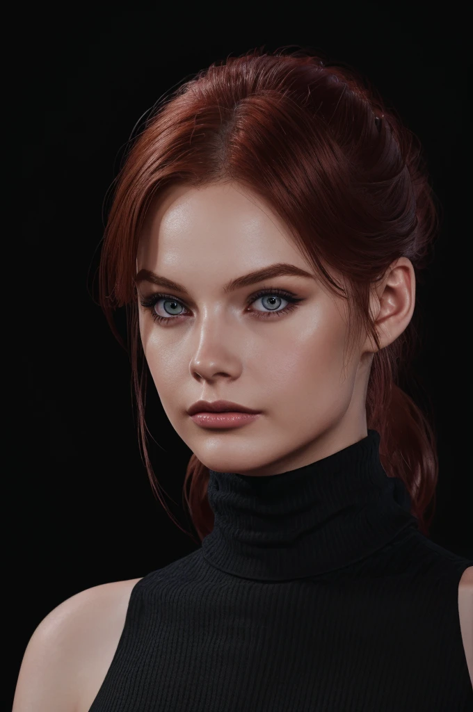 woman with medium-hair,Auburn-red-hair, hairy medium hairstyle, pale, wearing black turtleneck. eyeliner,portrait, beautiful woman, beautiful female ,beautiful ,eyeliner , elegant, digital painting, smooth, dramatic lighting, ultra realistic, 8k, art , blur backgrond, black background ,black background,black wallpaper,wearing black turtleneck.