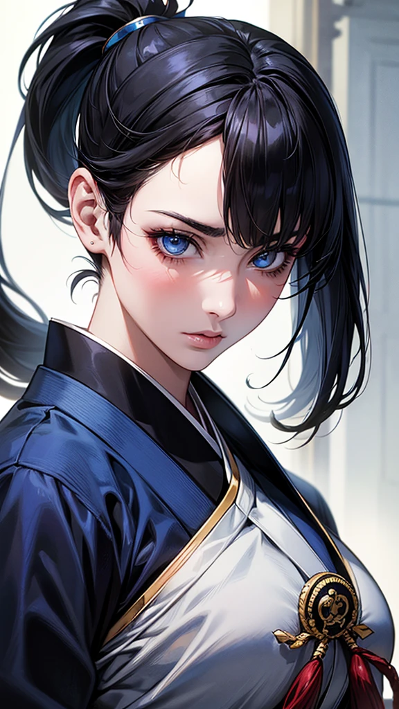 Highest quality, Ultra-high resolution, (Realistic: 1.4), beautiful Eyes, Super beautiful, beautiful, warrior, Japanese clothing、 ((Black Hair、ponytail)),Black and blue tones、 beautiful Soldier, Eyes that beckon, Mistress's point of view, Droopy eyes、Attractive look, Sexy smile, Perfect Style, Perfect balance, Detailed skin, Mischievous Gaze,battlefield