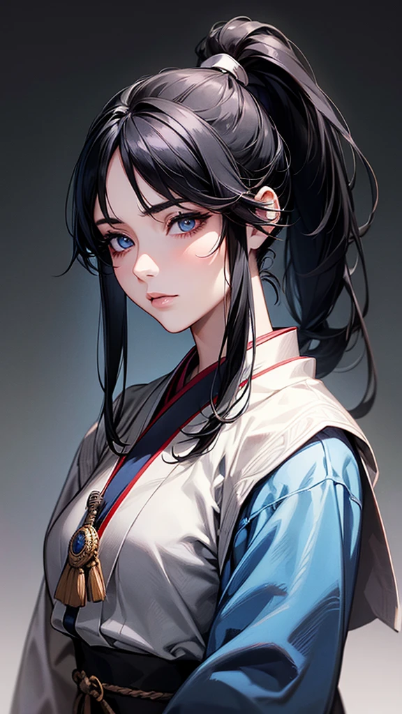 Highest quality, Ultra-high resolution, (Realistic: 1.4), beautiful Eyes, Super beautiful, beautiful, warrior, Japanese clothing、 ((Black Hair、ponytail)),Black and blue tones、 beautiful Soldier, Eyes that beckon, Mistress's point of view, Droopy eyes、Attractive look, Sexy smile, Perfect Style, Perfect balance, Detailed skin, Mischievous Gaze,battlefield