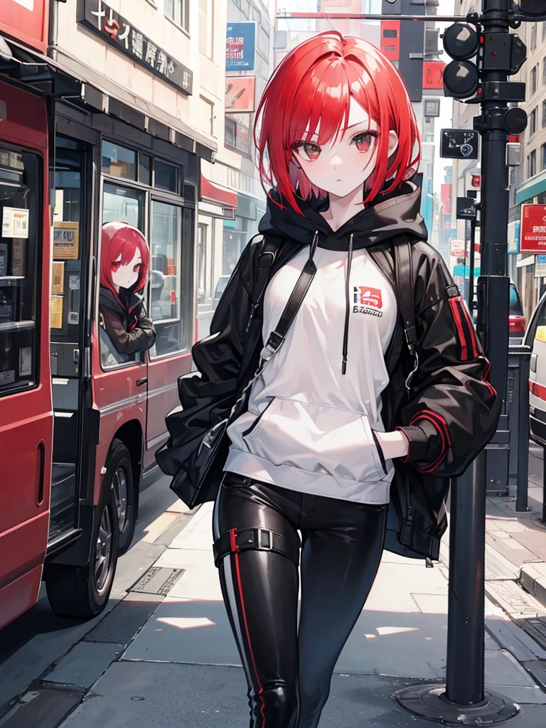 A girl with short red Bob style hair, white skin, light brown eyes, black gloves, black hoodie on head, black pants with straps, looking at the mobile phone in her hands, tiene un movil en las manos, mirada y cabeza giradas hacia el telefono