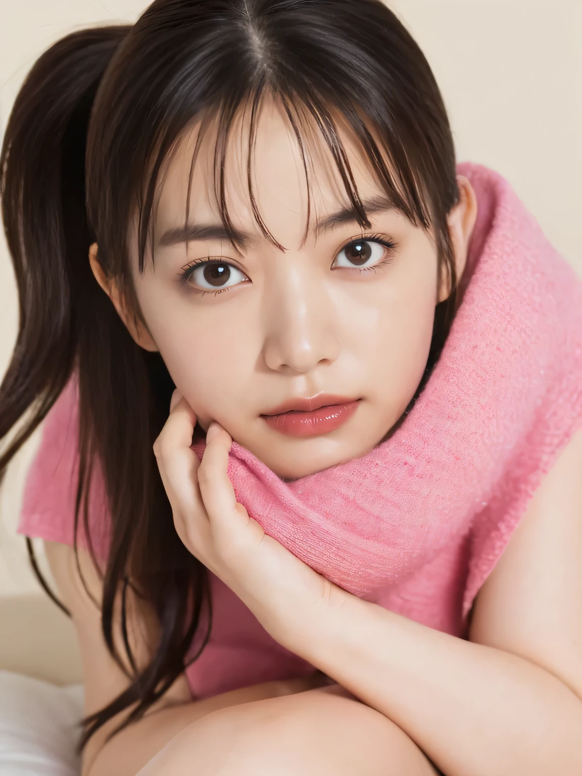 ((Highest quality, 8K, masterpiece :1.3)), Sharp focus:1.2, Bright colors, Professional level, ((Bokeh effect)), Shallow depth of field, 20-year-old female, (Half Japanese, Half German Woman), 1 person, A beautiful face with intelligence, Flexible body :1.3, Model Body Type:1.5, 頭w:1.4, Perfect Style:1.4, Realistic skin texture, Fair skin, Shiny skin, Narrow shoulders, Beautiful clavicle, length, Thin legs, The beauty of slim abs :1.2, Tight waist :1.2, Highly detailed face, Slim face contour, Beautiful small face, Beautiful Nose, Highly detailed eyes, length, Narrow eyes, Brown eyes, double eyelid, Beautiful thin eyebrows, fine long eyelashes, Fuller lips, Glossy pink lips, My cheeks are red., Beautiful Teeth, Beautiful actress' Perfect Makeup, Silver Necklace, Earrings, Light brown hair, Delicate and soft hair, (Put your hair up, Fluffy short bob:1.2), Layered Cut, (Blunt bangs:1.2),
mouth half open, Attractive appearance, Looking into the camera,
((Sleep on your back:1.2)), (Full body image from thigh:1.2), Dynamic Lighting,
((Wrap yourself in a futon and do something naughty with me, She ran her fingers along the crack between her legs.., Nipples visible through the gaps in her clothes:1.5)),