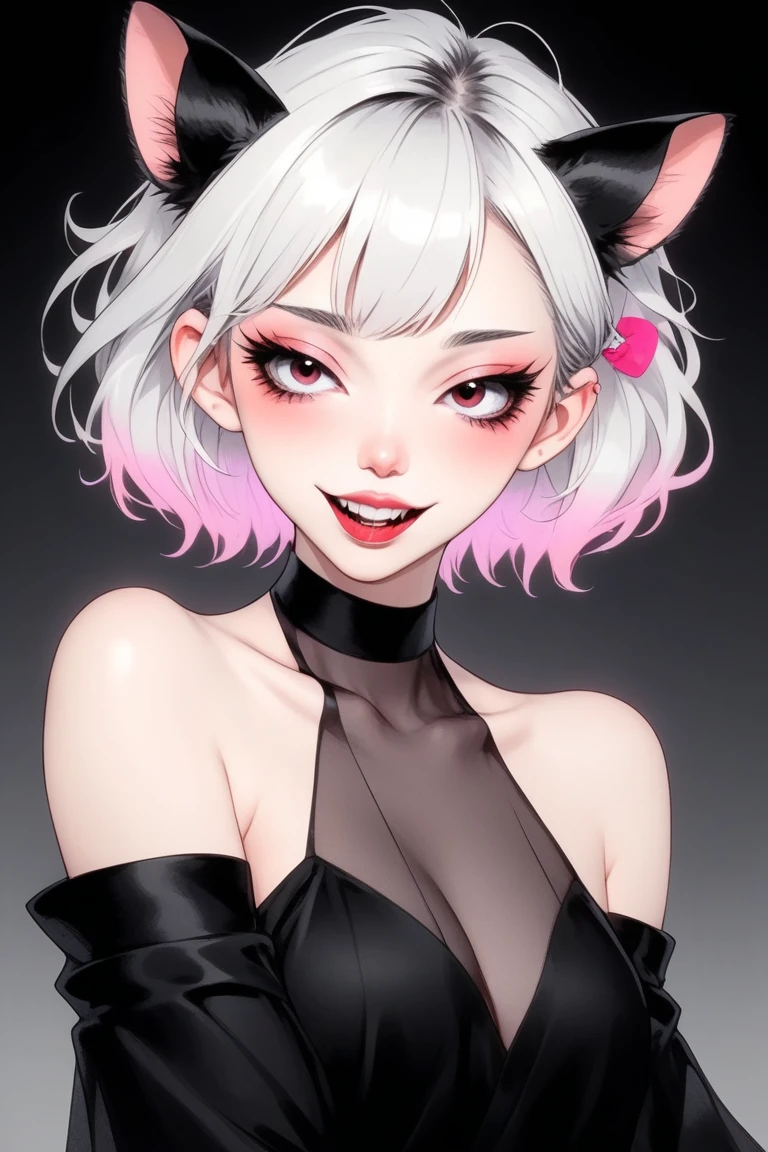 (best quality, sketch:1.2),Practical,ilustrador,shrew，Japanese cartoons,1 girl, Delicate lips, ，Fangs，hand，hairy，Off-shoulder， Black and white gradient background,Neon hair,Texture cropping, masterpiece, The style is vintage, Deep Black 