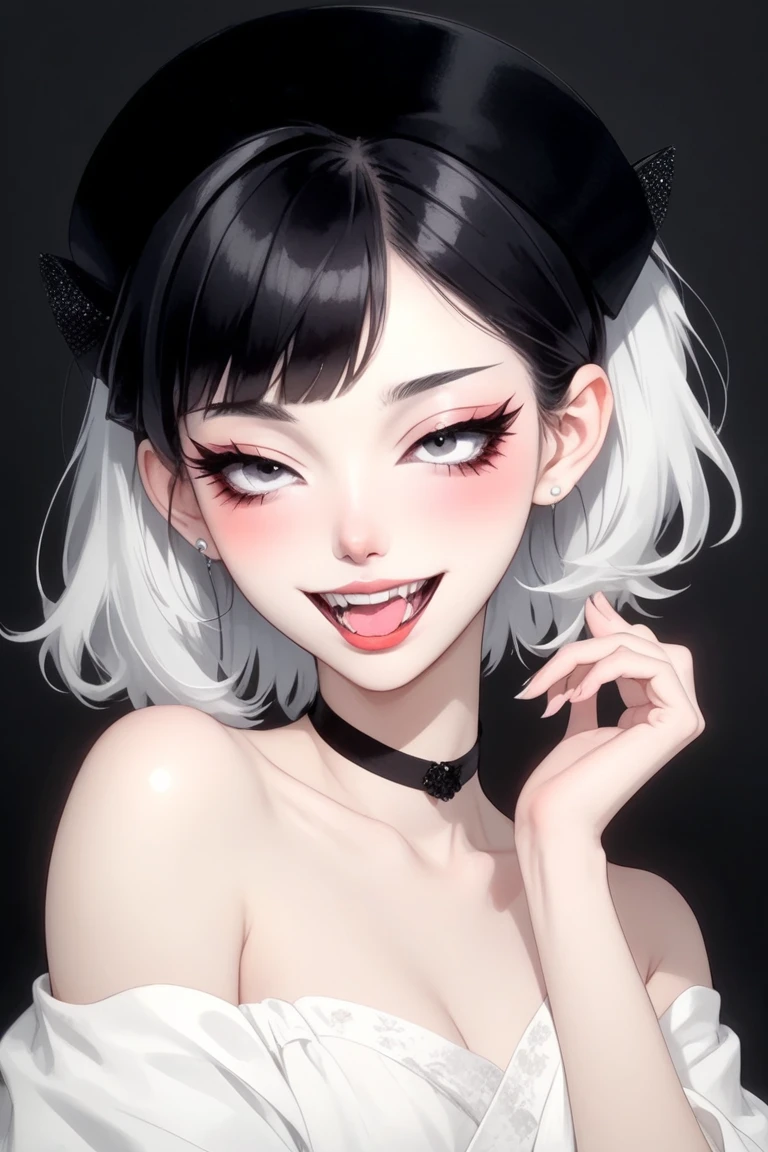 (best quality, sketch:1.2),Practical,ilustrador,shrew，Japanese cartoons,1 girl, Delicate lips, ，Fangs，hand，hairy，Off-shoulder， Black and white gradient background,Neon hair,Texture cropping, masterpiece, The style is vintage, Deep Black 